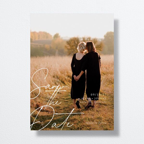 Corner Script Save The Date Cards front in Black