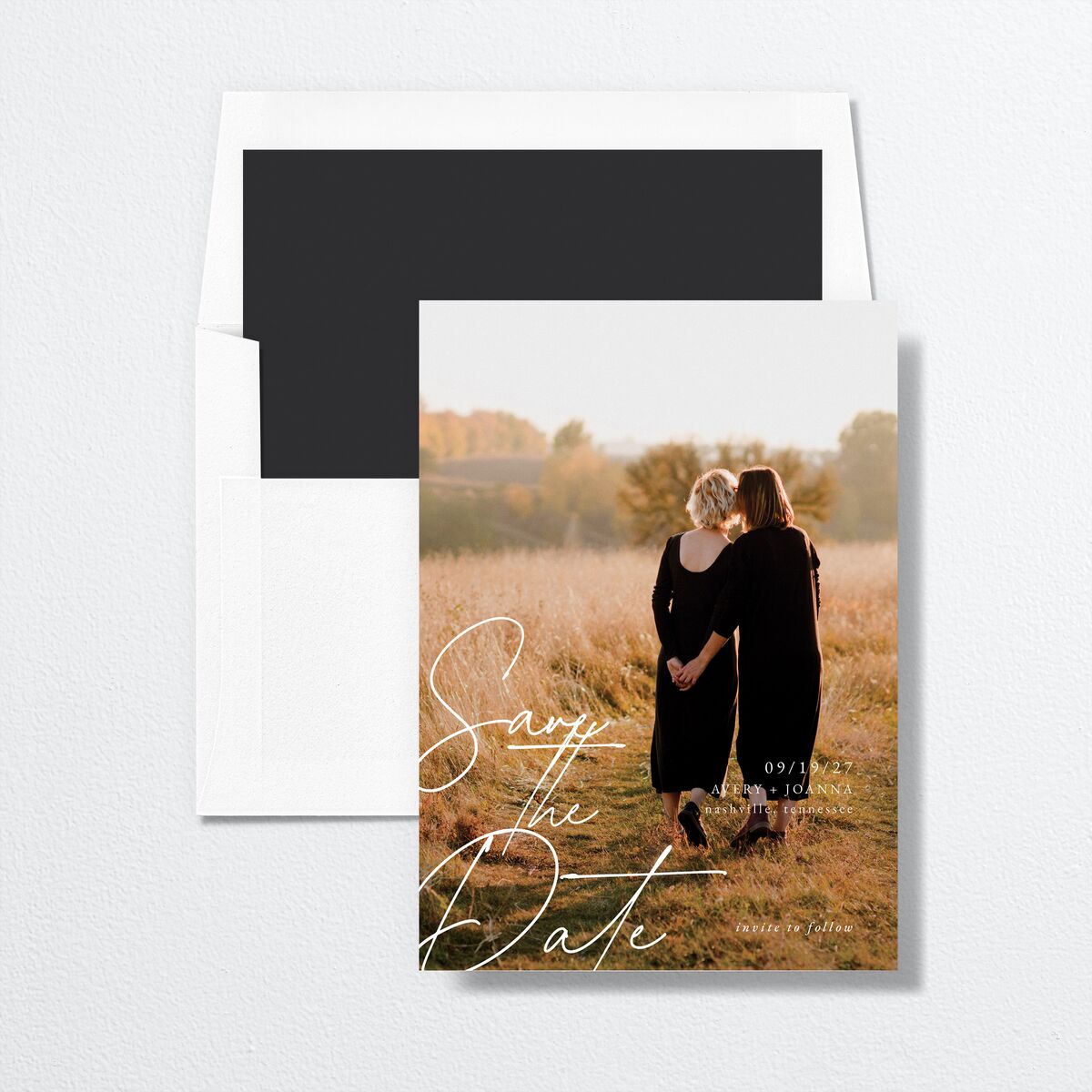 Corner Script Save The Date Cards Charcoal Signature smooth No Standard