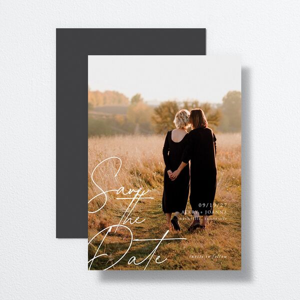 Corner Script Save The Date Cards Charcoal Signature smooth No Standard