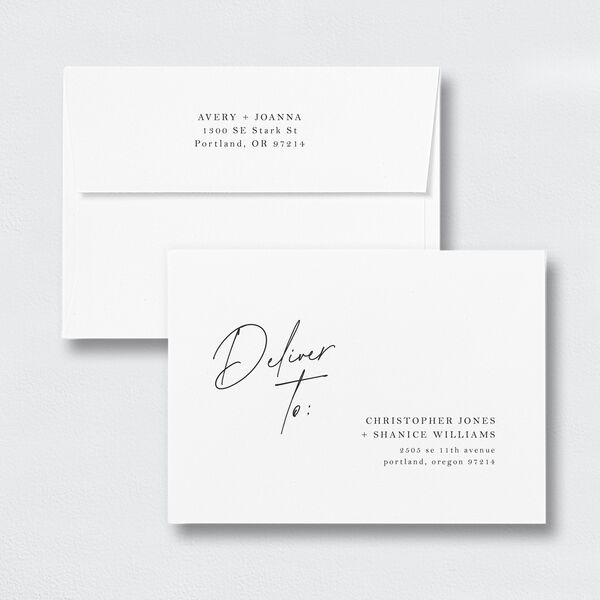 Corner Script Save The Date Card Envelopes White Standard Charcoal Both Recipient and Return Addresses