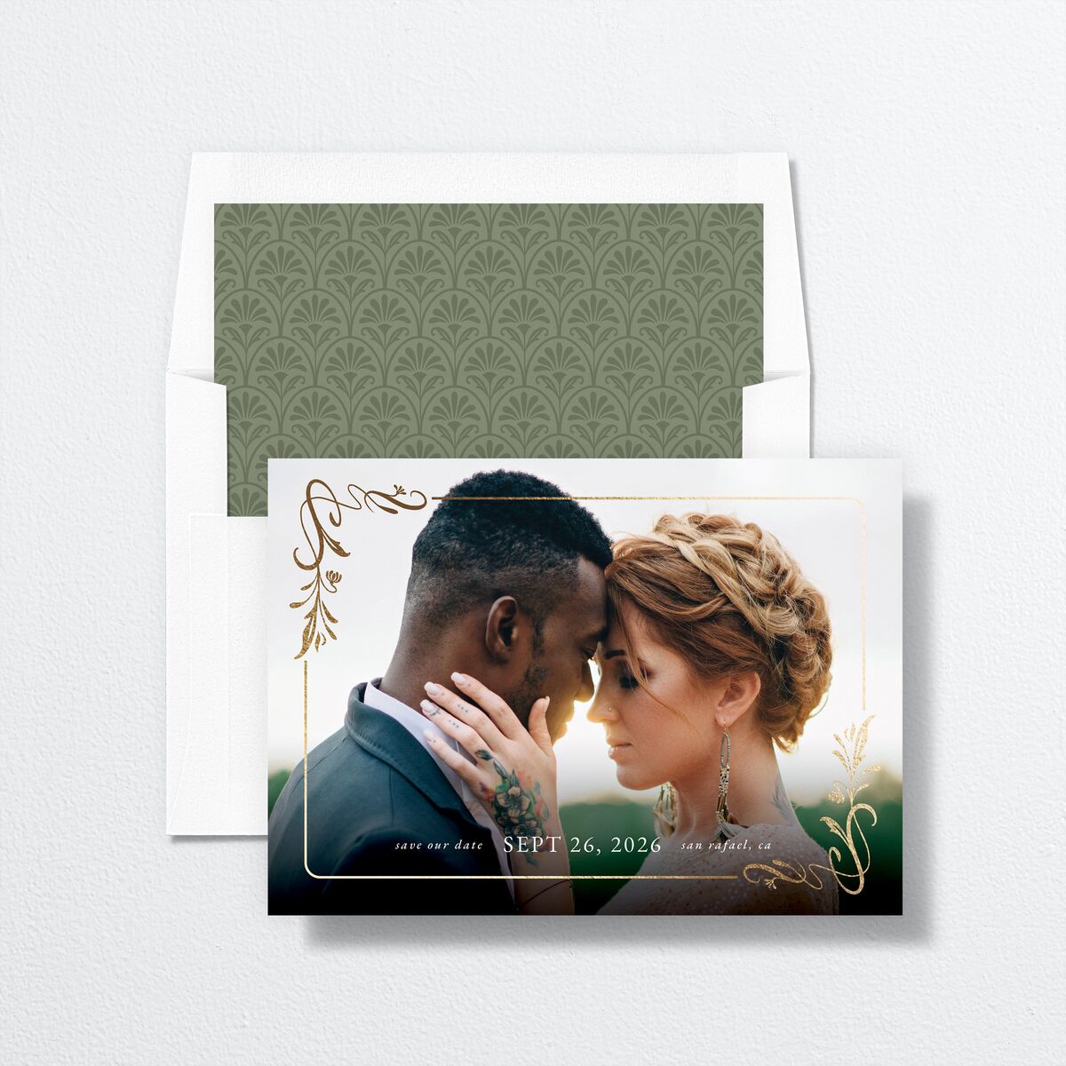 Nouveau Frame Save The Date Cards Gold Dark Camo Signature smooth No