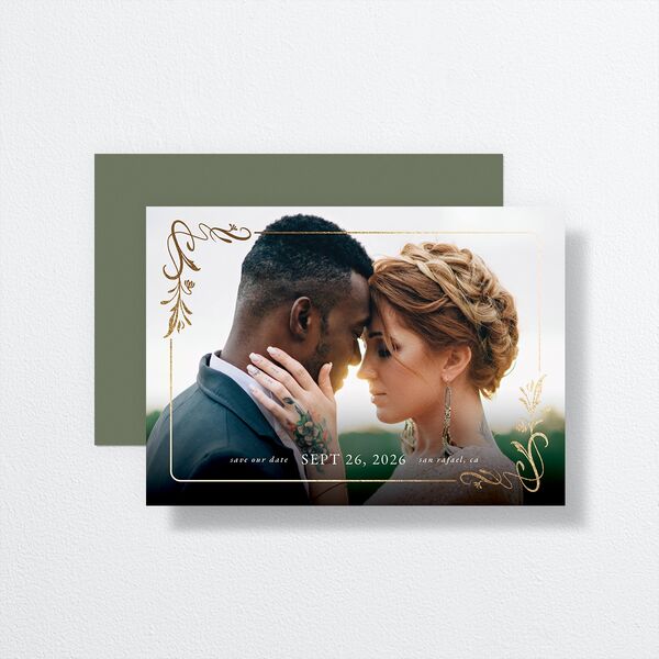 Nouveau Frame Save The Date Cards Gold Dark Camo Signature smooth No