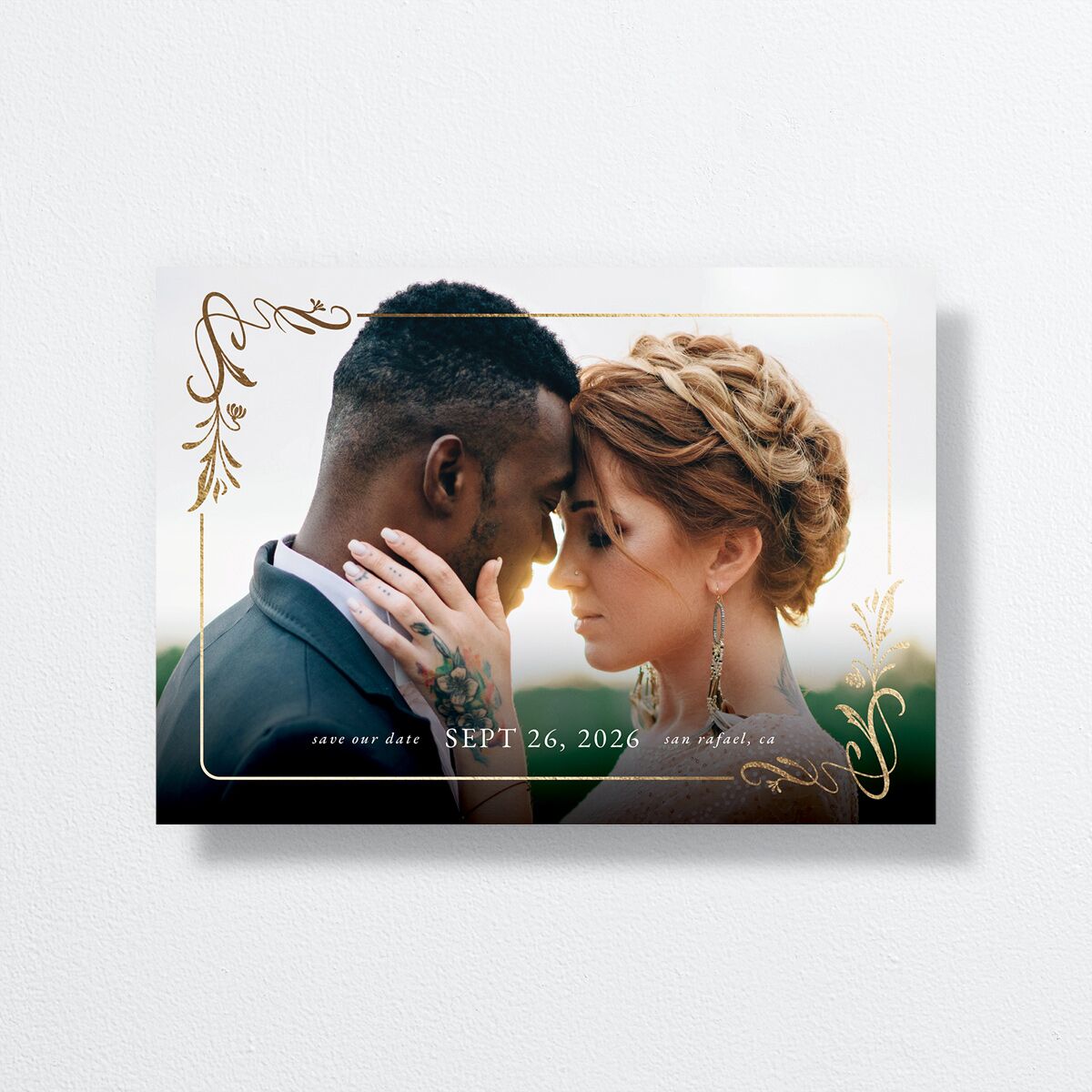 Nouveau Frame Save The Date Cards Gold Dark Camo Signature smooth No