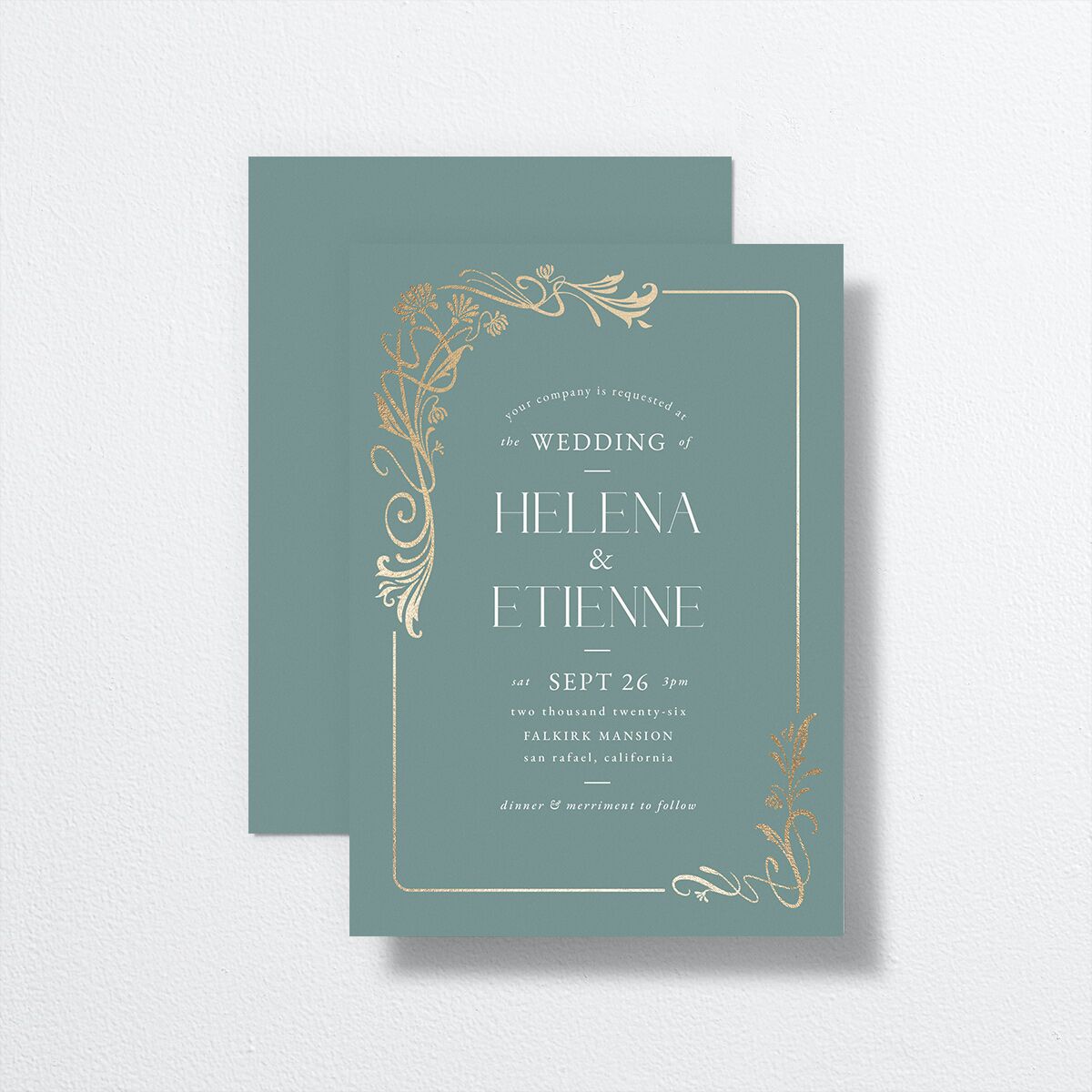 Nouveau Frame Wedding Invitations front-and-back in blue