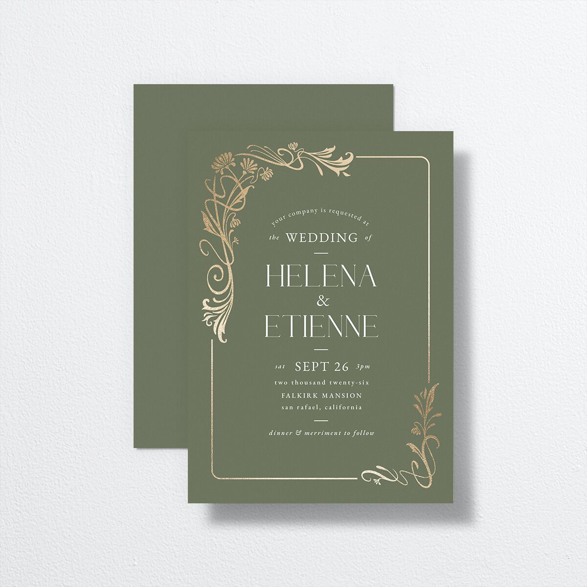 Nouveau Frame Wedding Invitations front-and-back in green