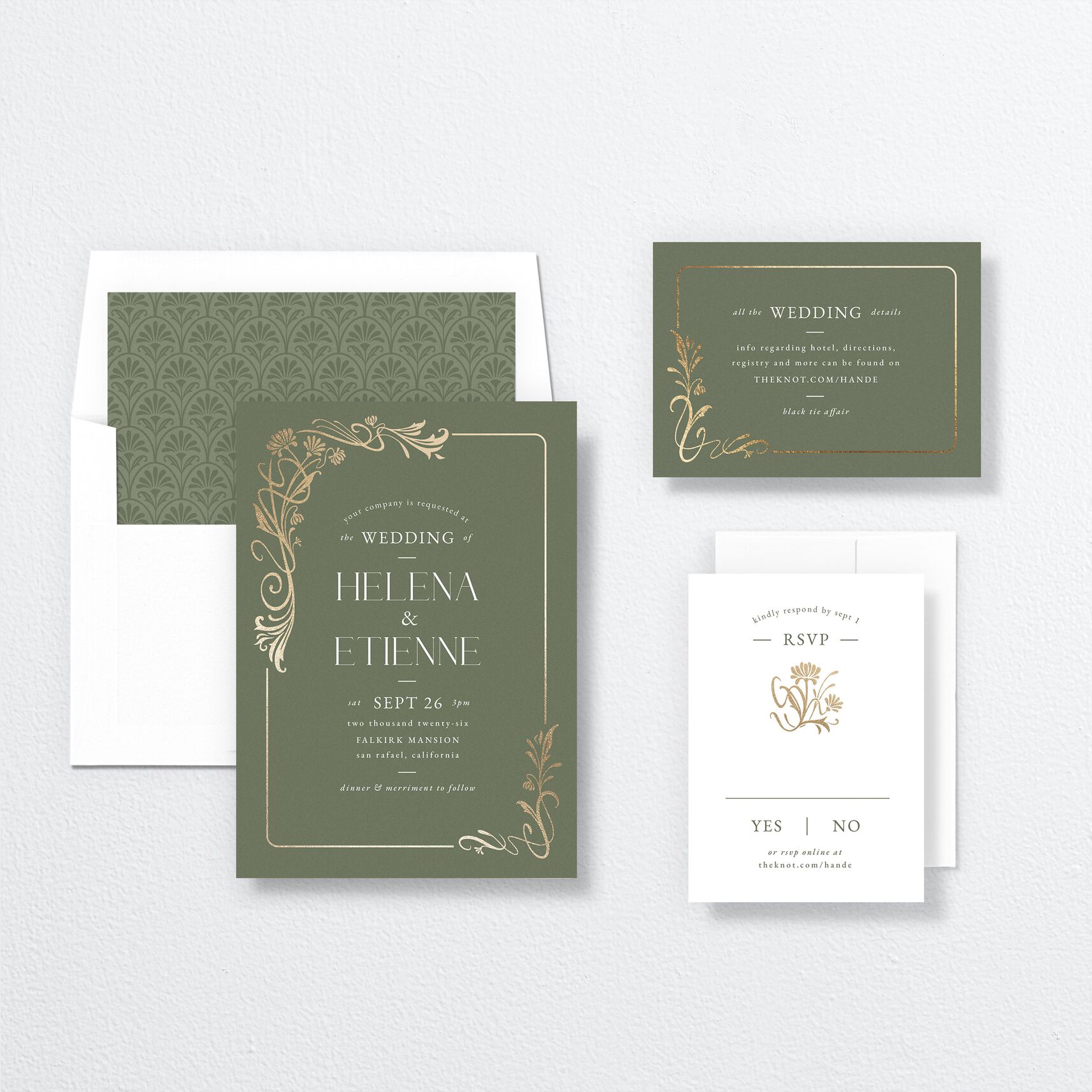 Nouveau Frame Wedding Invitations suite in green