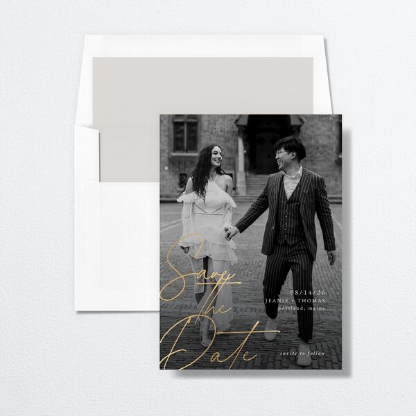 Gilded Corner Save The Date Cards Gold Pure White Signature smooth No