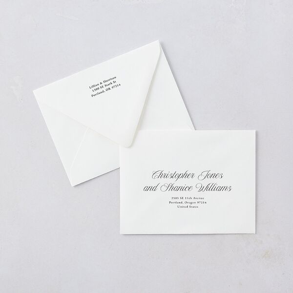 Elegant Oval Monogram Save the Date Petite Card Euro Envelopes White Luxe Sand Both Recipient and Return Addresses Signature