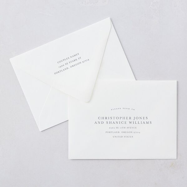 Floral Adornment Save The Date Card Euro Envelopes White Luxe Dusty Blue Both Recipient and Return Addresses Signature