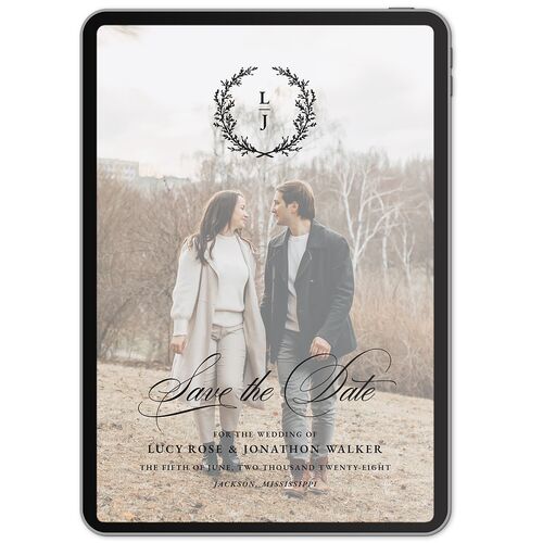 Branches Monogram Digital Save the Date Cards Pure White Dusty Blue Lets Celebrate Standard