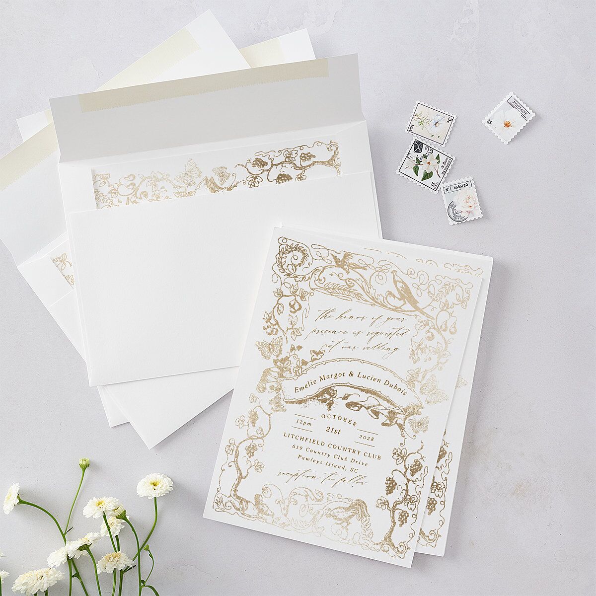 Vintage Toile Foil Wedding Invitations Gold Marigold Signature Blank No
