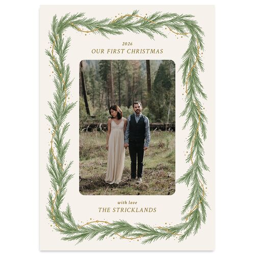 Rustic Garland Newlyweds First Christmas Holiday Cards Linen Signature Blank Standard