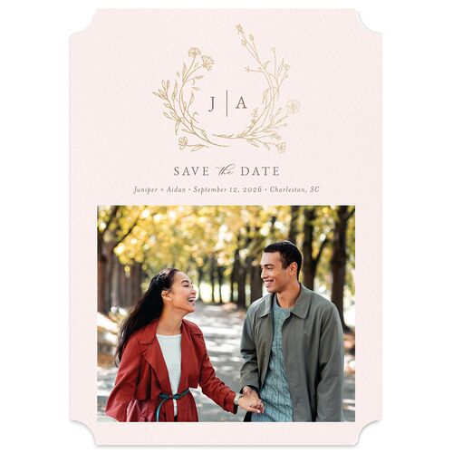 Gilded Monogram Save The Date Cards Gold Pink Cotton Signature smooth Blank No Ticket