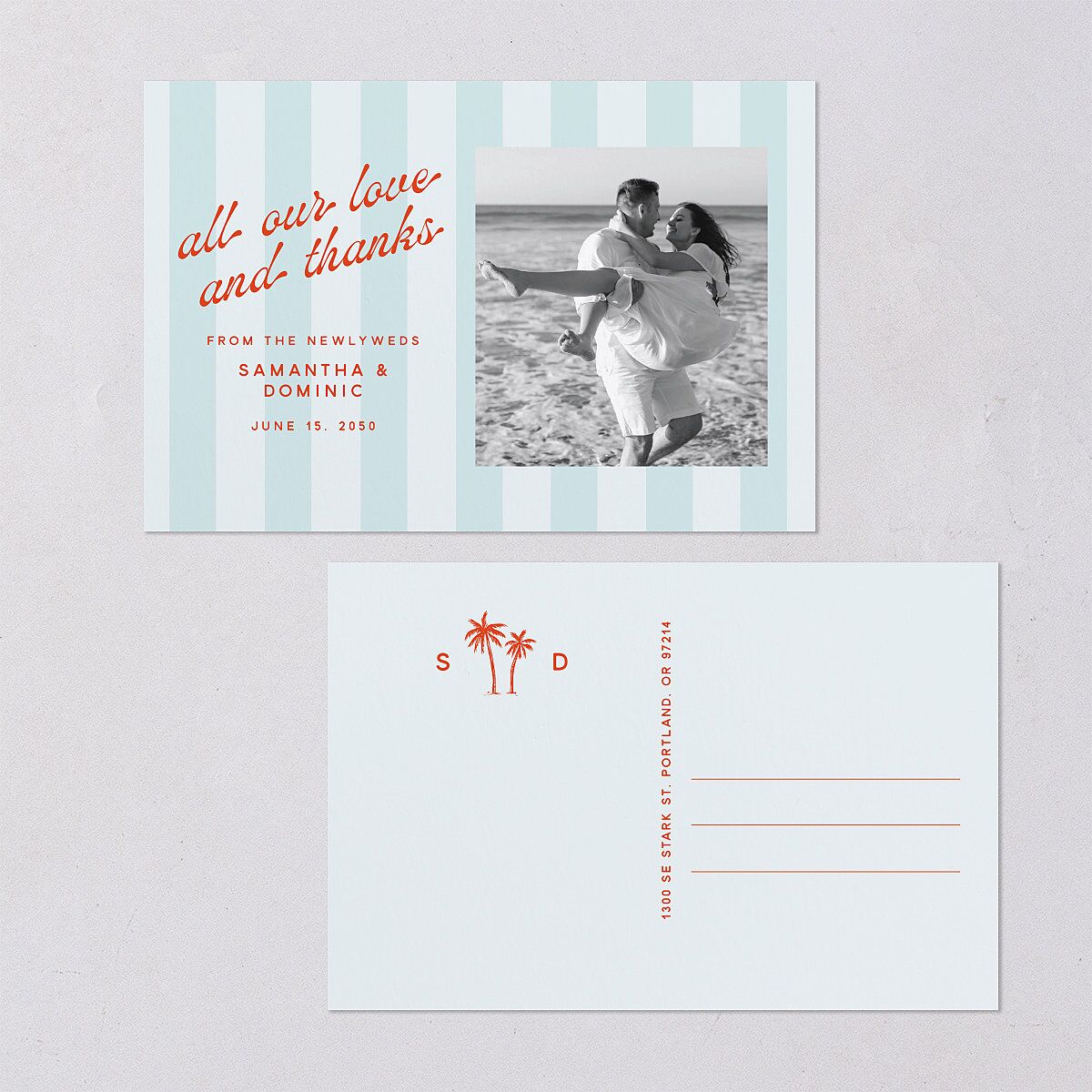 Cabana Stripe Photo Thank You Postcards Pastel Blue