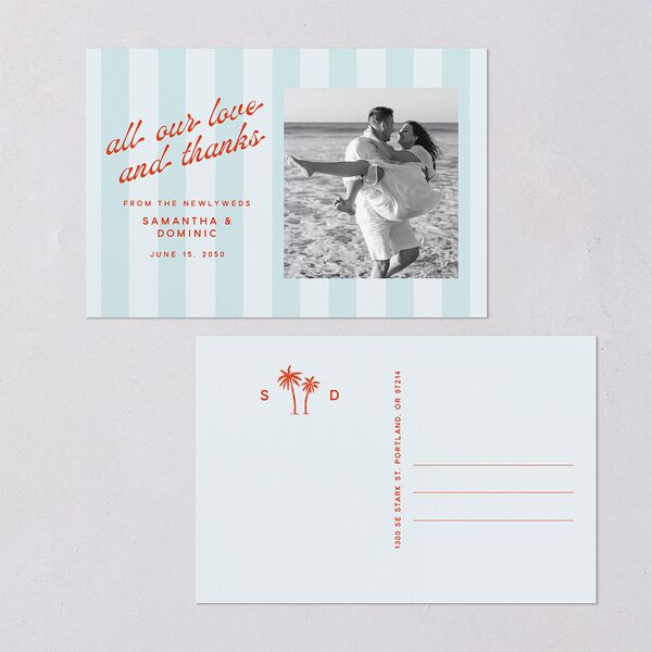 Cabana Stripe Photo Thank You Postcards Pastel Blue