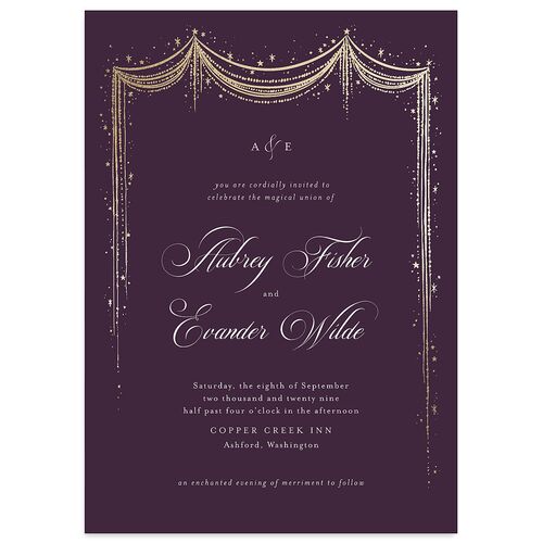 Fairytale Luxury Foil Wedding Invitations Eggplant Gold Signature Blank No Standard