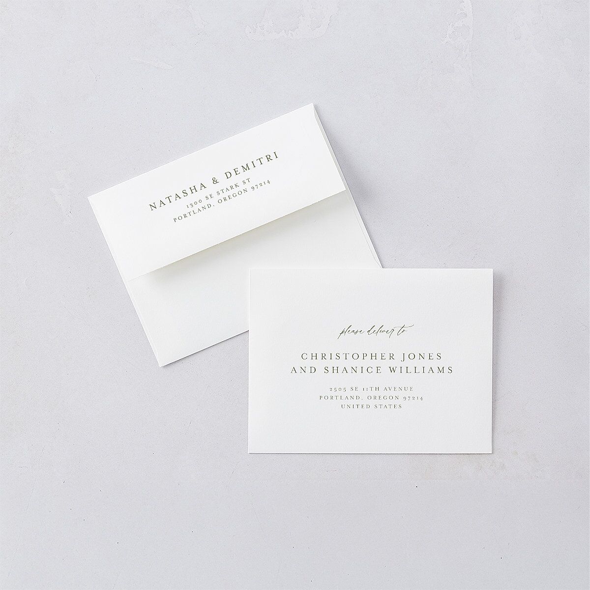 Botanical Monogram Save the Date Magnet Envelopes White Dark Camo Both Recipient and Return Addresses Signature Standard