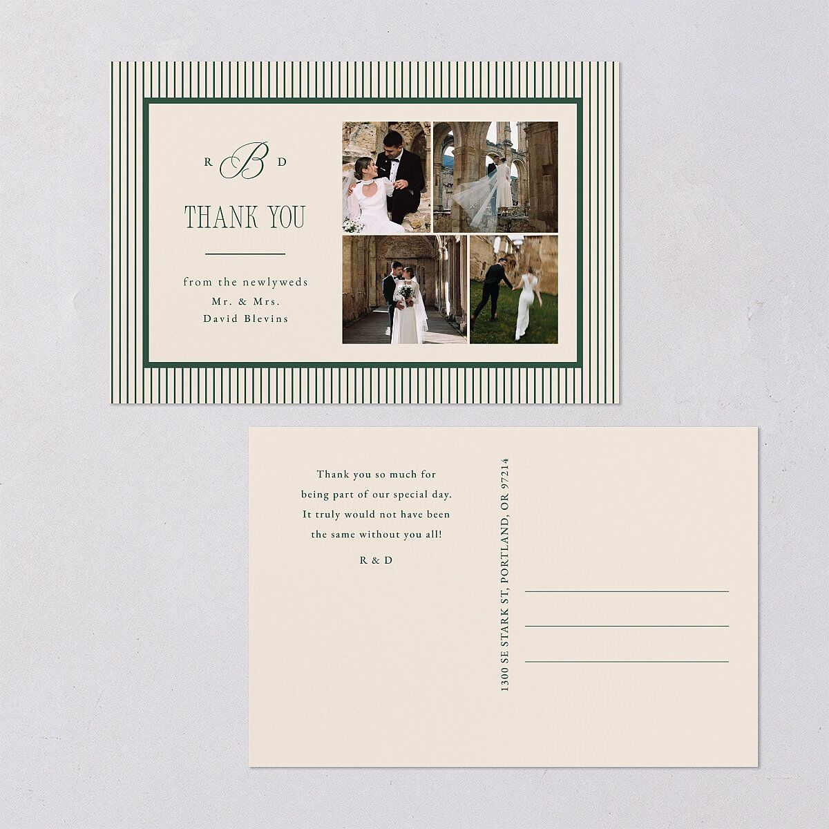Classic Monogram First Christmas Thank You Postcards Dark Emerald