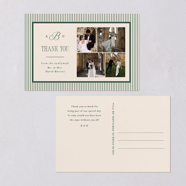 Classic Monogram First Christmas Thank You Postcards Dark Emerald