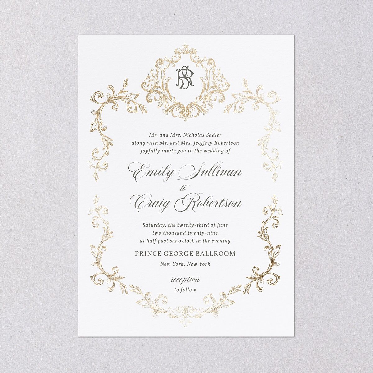 Vintage Regency Monogram Frame Foil Wedding Invitations Pure White Gold Signature Blank Standard No