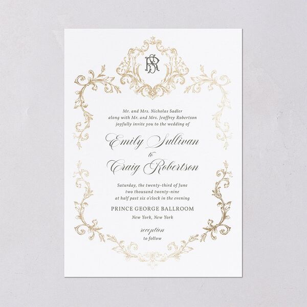Vintage Regency Monogram Frame Foil Wedding Invitations Pure White Gold Signature Blank Standard No