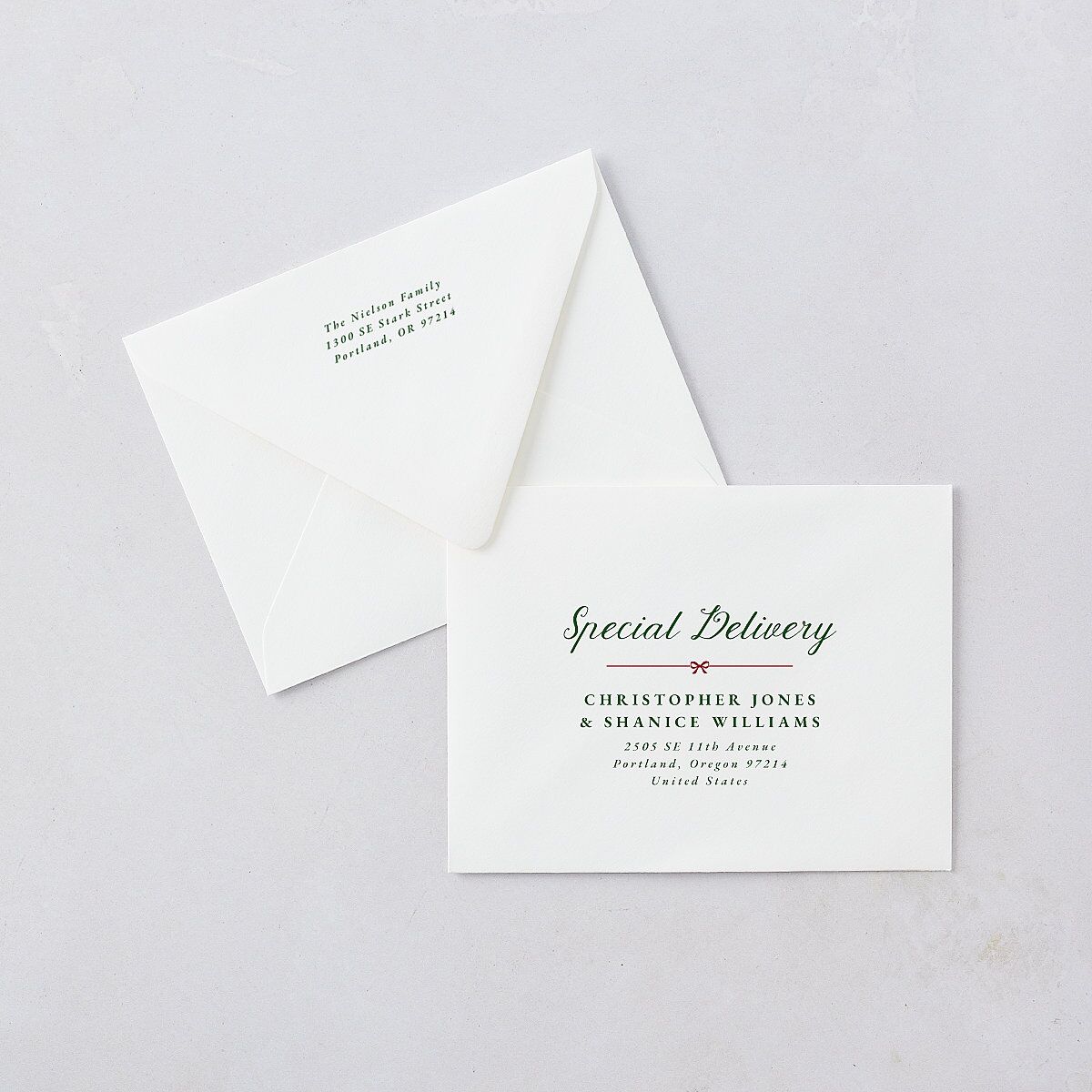 Vintage Bow Pattern Photo Thank You Card Euro Envelopes White Jewel Green Both Recipient and Return Addresses Luxe Signature