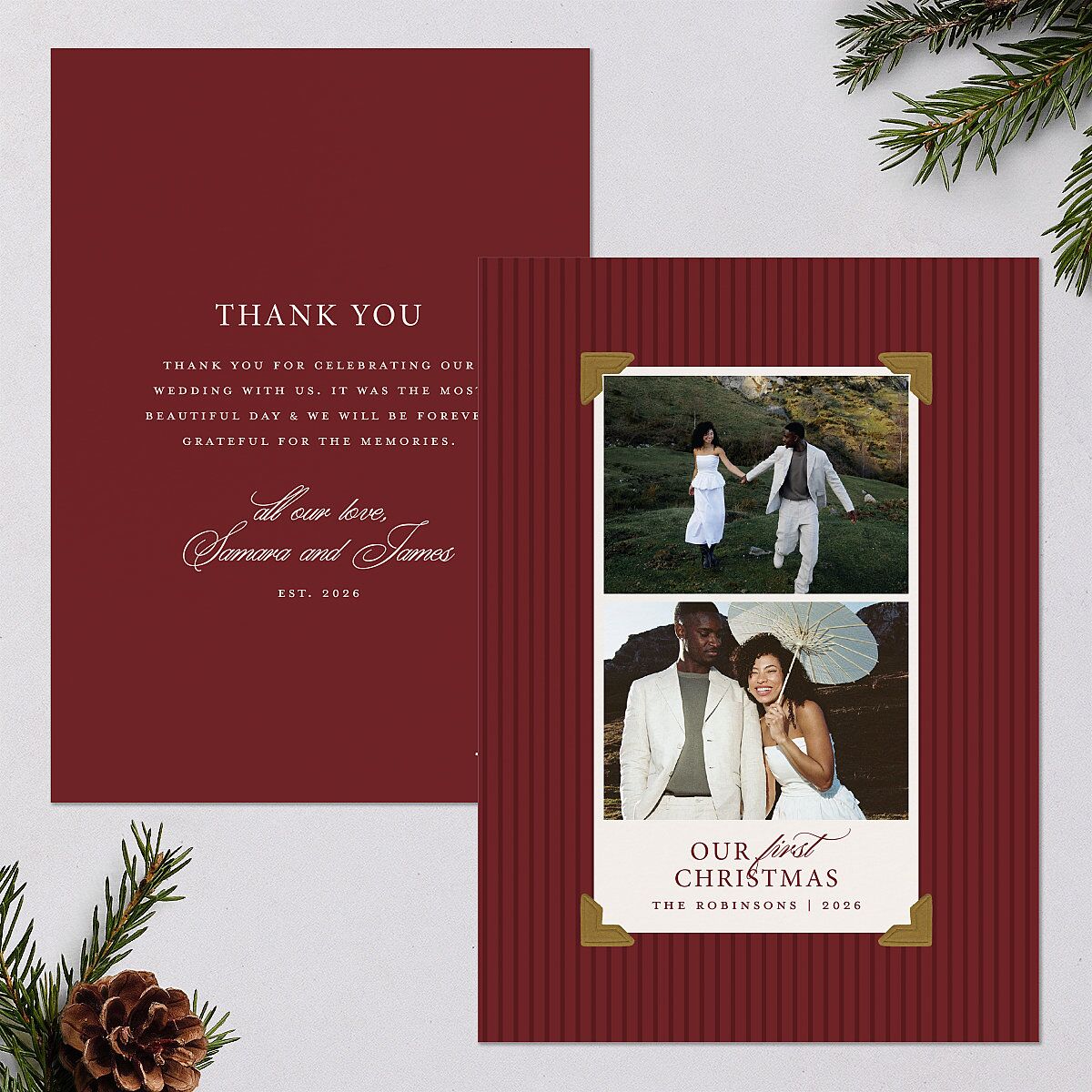 First Christmas Photo Album Holiday Cards Merlot Signature Blank Landscape Standard
