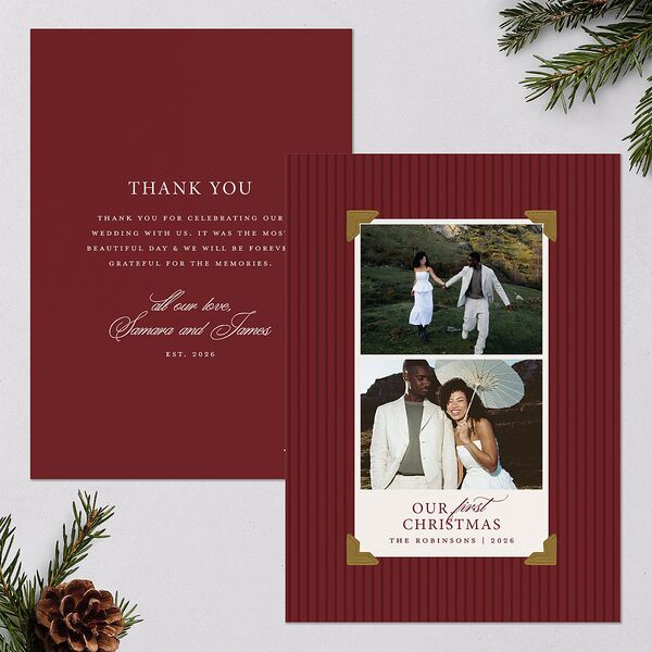 First Christmas Photo Album Holiday Cards Merlot Signature Blank Landscape Standard