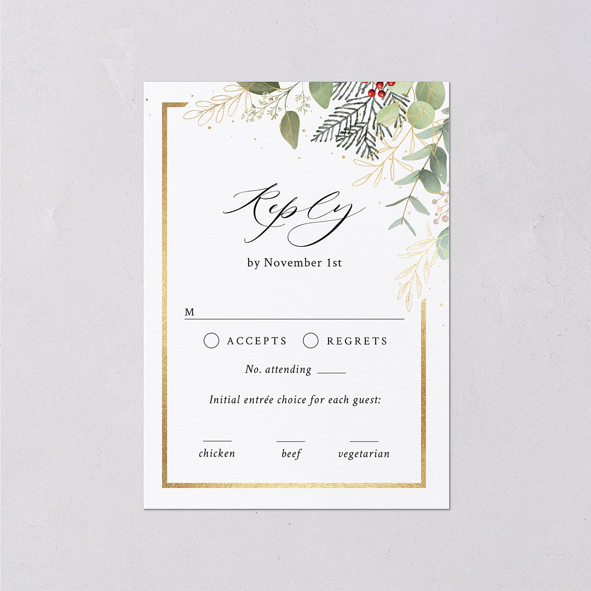 Elegant Eucalyptus Christmas Foil Wedding Response Cards Gold Licorice Signature Standard