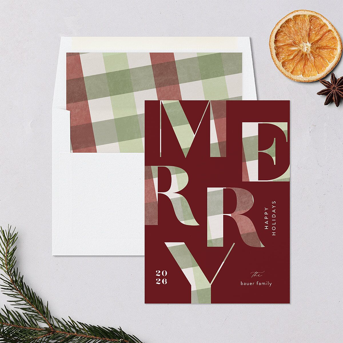 Flannel Type Holiday Cards Maroon Signature Blank Standard Portrait