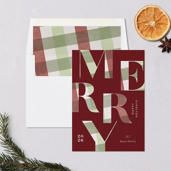 Flannel Type Holiday Cards Maroon Signature Blank Standard Portrait