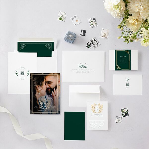 Rustic Kingdom Save the Date Cards Gold Dark Green Signature smooth Blank No