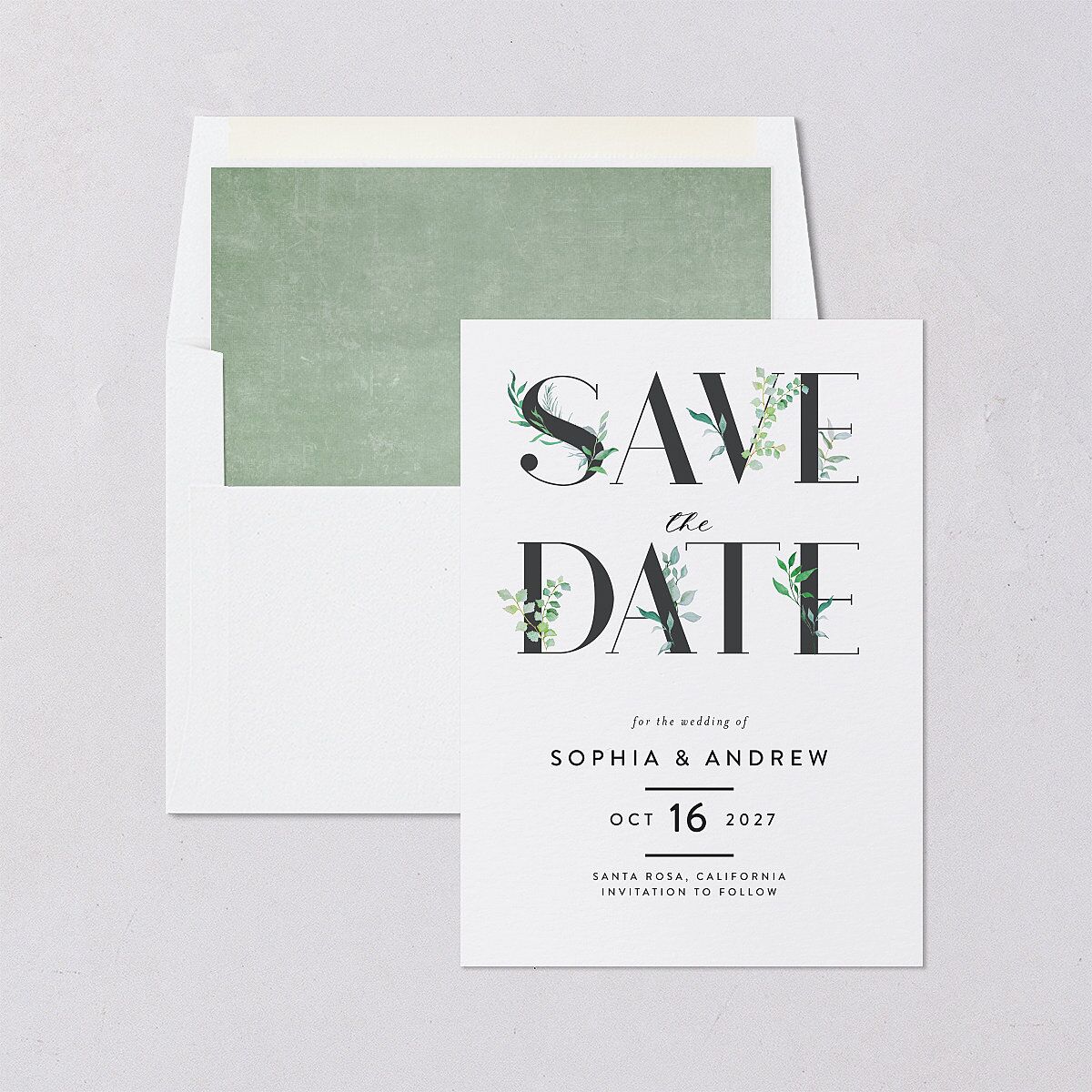 Leafy Ampersand Save The Date Cards Eucalyptus Signature smooth Blank No Standard