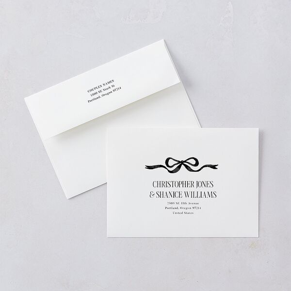 Whimsical Hand Drawn Bow Bridal Shower Invitation Envelopes White Linen Both Recipient and Return Addresses Signature Standard