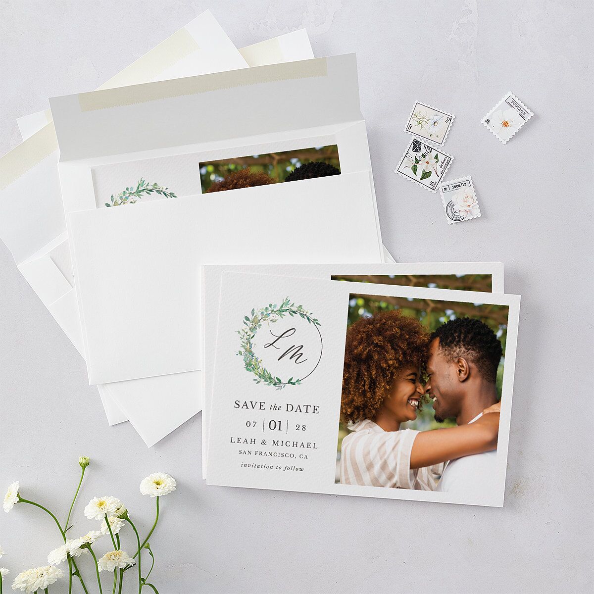 Leafy Monogram Hoop Save the Date Cards — view 5