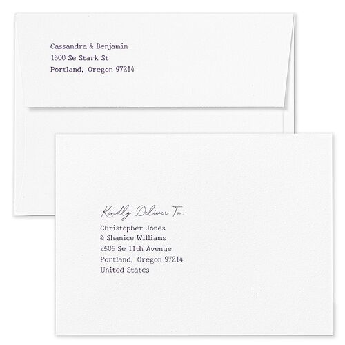 Handwritten Love Note Rehearsal Dinner Invitation Envelopes Royal Purple White Both Recipient and Return Addresses Signature Standard
