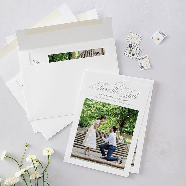Luxury Floral Monogram Save the Date Cards Cotton Signature smooth Blank No Standard