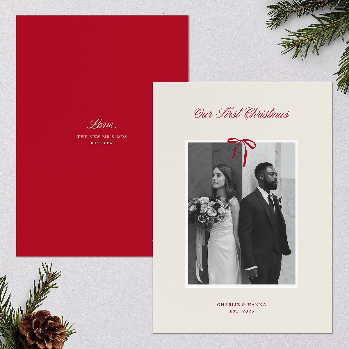 First Christmas Minimalist Bow Photo Holiday Cards Cream Signature Blank Standard Portrait
