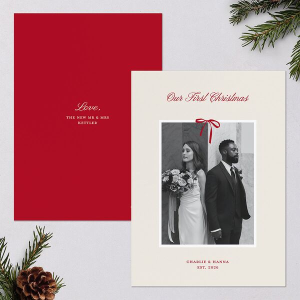 First Christmas Minimalist Bow Photo Holiday Cards Cream Signature Blank Standard Portrait