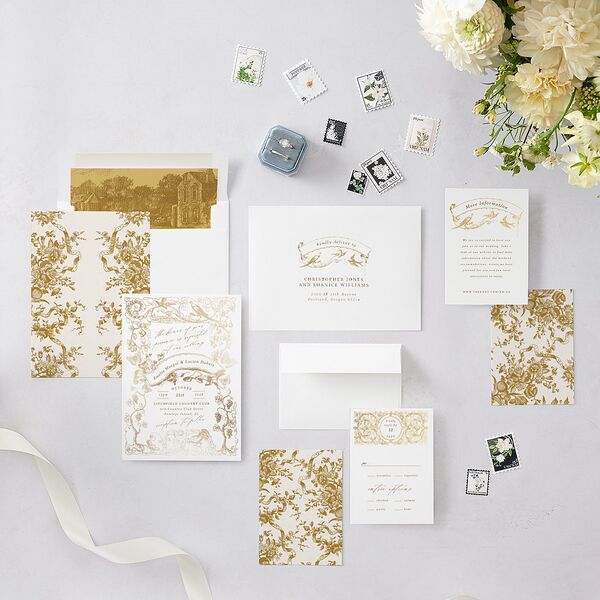 Vintage Toile Foil Wedding Invitations Gold Marigold Signature Blank No