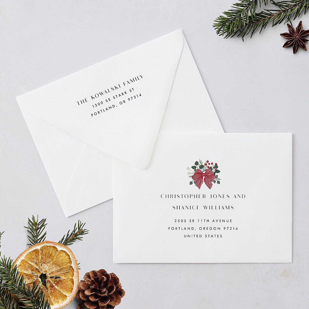 Rustic Holiday Foliage with Bow Holiday Card Euro Envelopes White Hunter Green Both Recipient and Return Addresses Luxe Signature