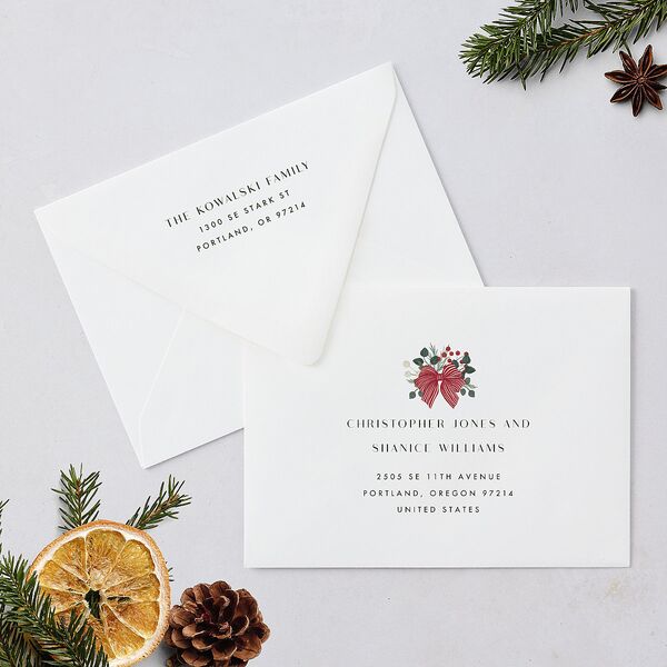 Rustic Holiday Foliage with Bow Holiday Card Euro Envelopes White Hunter Green Both Recipient and Return Addresses Luxe Signature