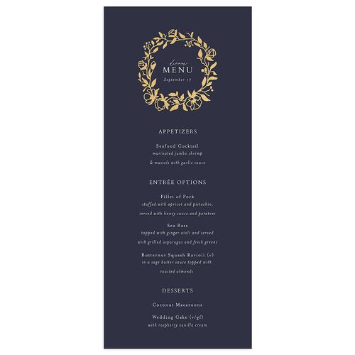 Delicate Vines Foil Menus Gold Dark Navy Signature