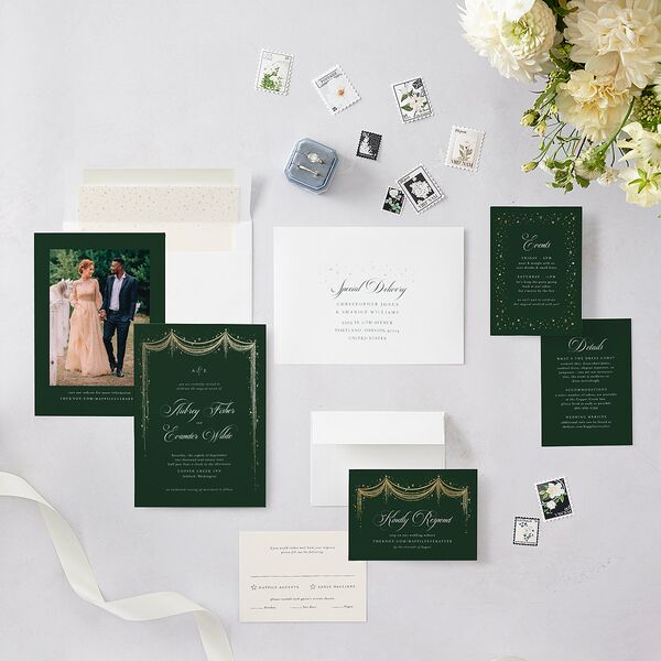 Fairytale Luxury Foil Wedding Invitations Dark Emerald Gold Signature Blank No Standard