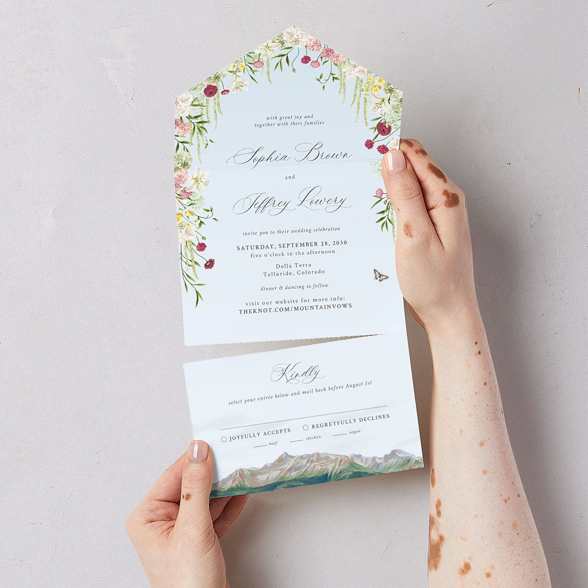 Romantic Floral Mountain All-in-One Wedding Invitations Meadow Signature Light Both Recipient and Return Addresses No
