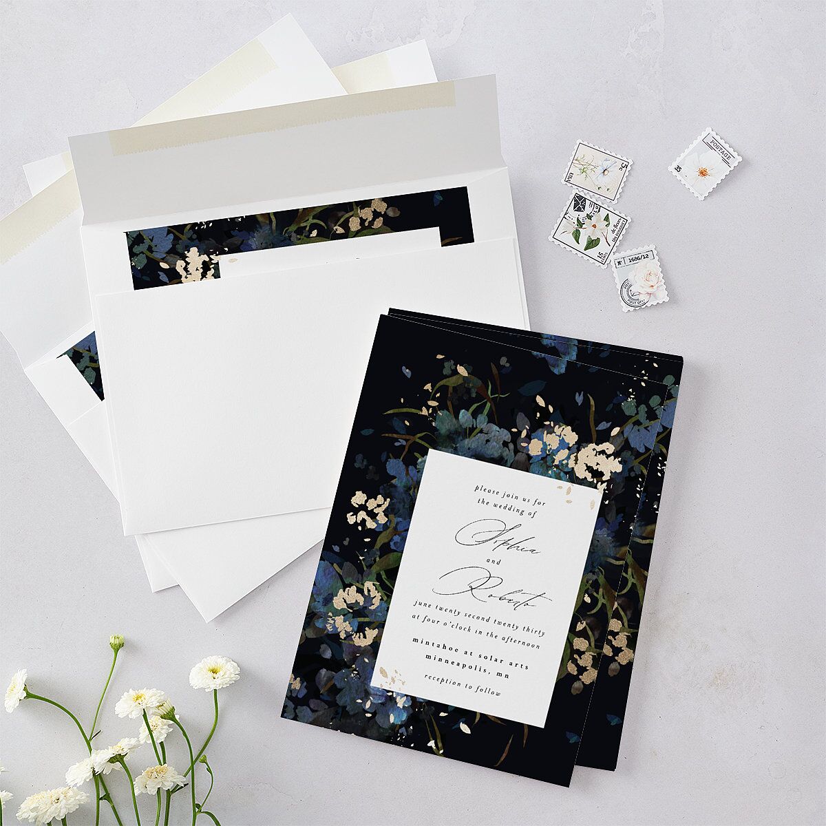 Midnight Floral Wedding Invitations Gold Navy Signature Blank No