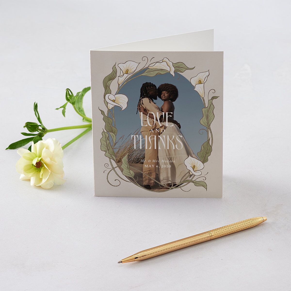 Calla Lily Nouveau Photo Thank You Cards Champagne