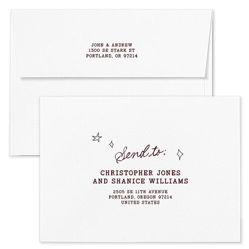Hand Drawn Starry Christmas Photo Holiday Card Envelopes White Burgundy Both Recipient and Return Addresses Standard Signature