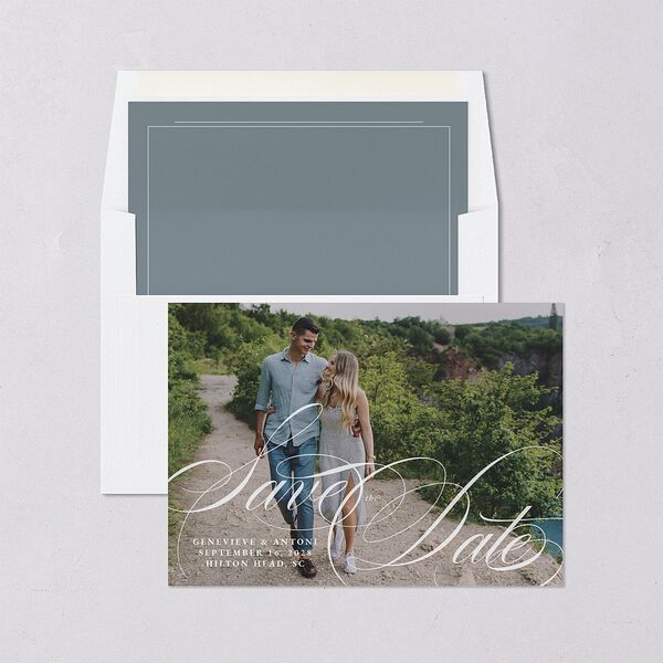 Elegant Photograph Save The Date Cards Dusty Blue Signature smooth Blank No Standard