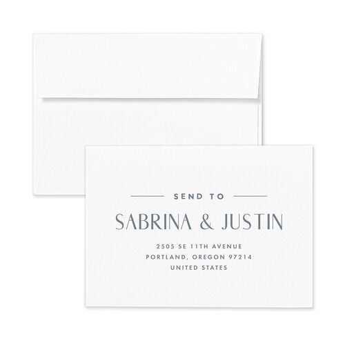 Destination Photo Poster Response Card Envelopes Dusty Blue White Return Address Signature Standard